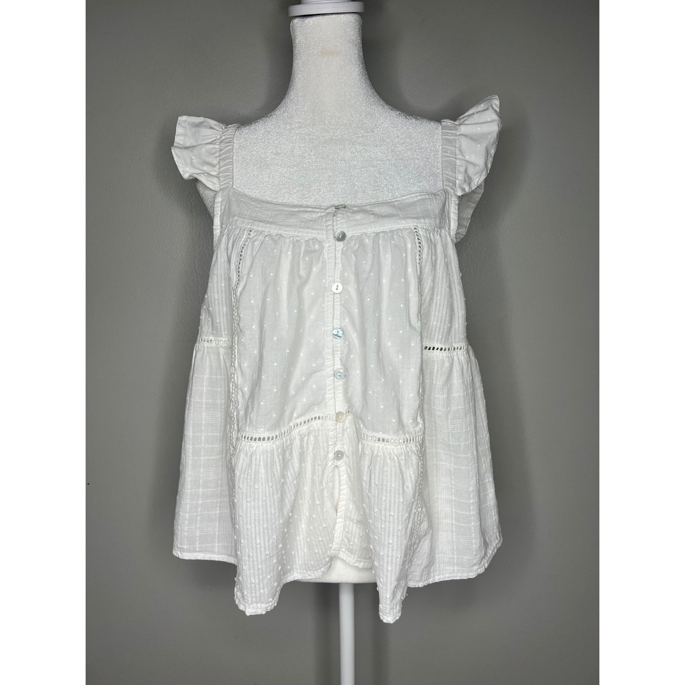 Joie White Swiss Dot Ruffle Flutter Sleeve‎ Button Front Peasant Blouse Tank L